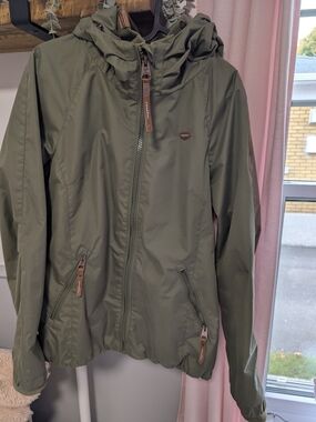 Ragwear Olive Green Hooded Women's Raincoat with Zip Pockets